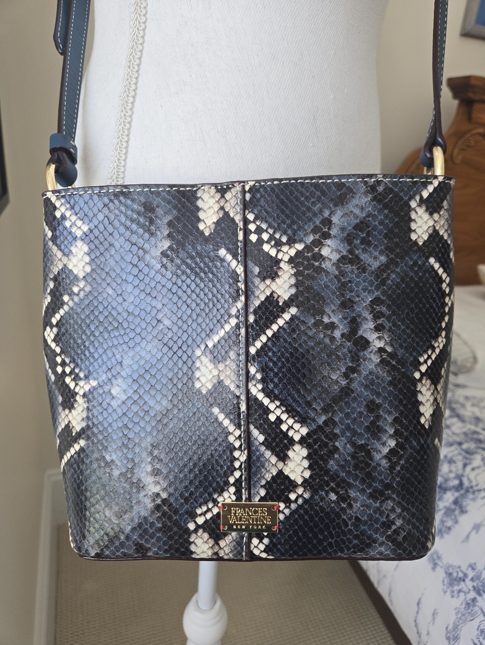 Frances Valentine Blue Snake-Print Crossbody Bag